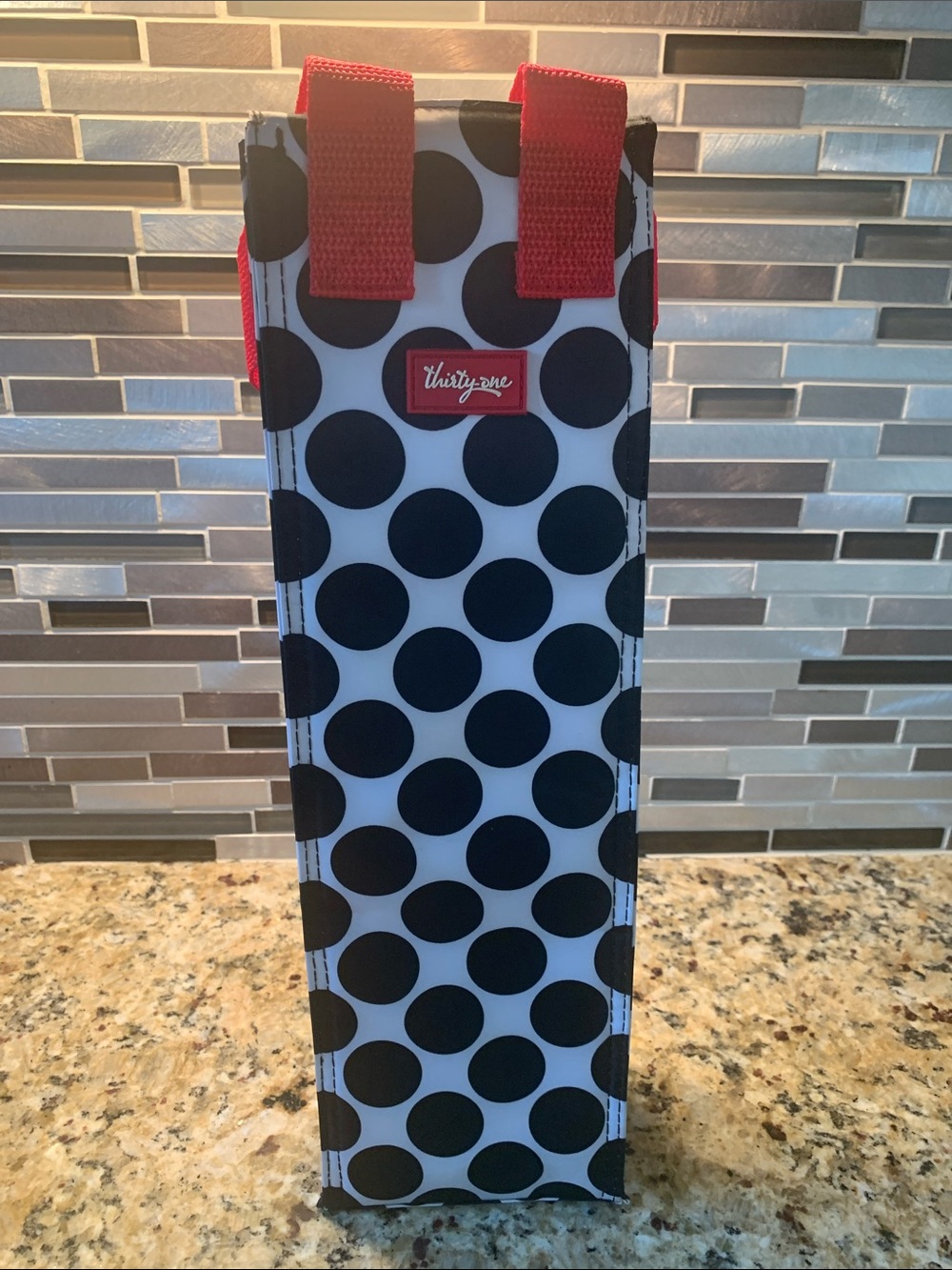 Thirty-one Black Polka Dot wine Tote with Red Accents